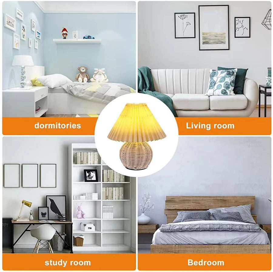 LED Fabric Pleated Lampshade Light Retro Rattan Strip USB PLUG Bedroom Bedside Lamp Desk Lamp Indoor Home Decoration Lighting