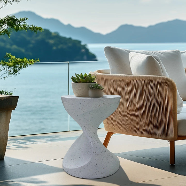 Lightweight Concrete Side/End Table - Outdoor Patio Accent Furniture | Graphite-Like White | Ideal for Living Rooms & Gardens