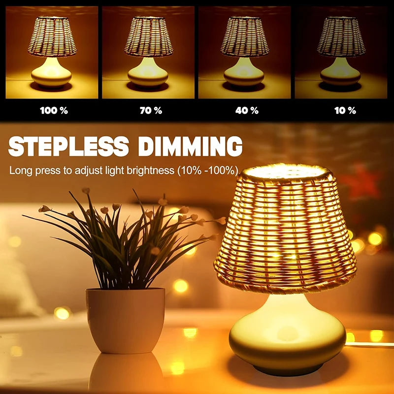 Led Table Lamp Hand-woven Bamboo Lampshade Bedside Lamp Boho Nightstand Usb Plug Desk Light For Bedroom Living Room Coffee House