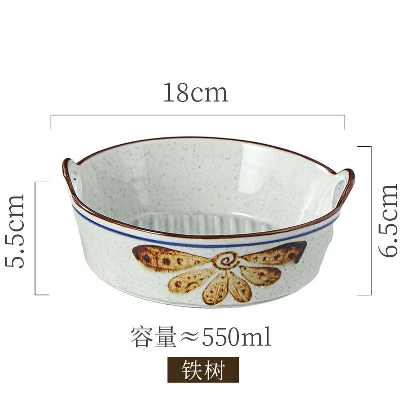 Ceramic Double Ear Salad Fruit  Bowl Household Utensils Baked Rice Bowl Instant Noodle Bowl