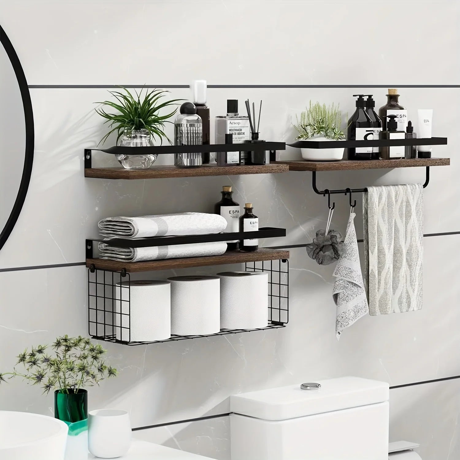 Floating Shelves with Wire Storage Basket Bathroom Shelves Over Toilet with Protective Metal Guardrail Wood Wall Shelves