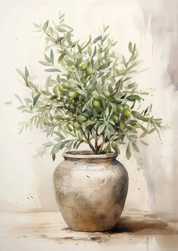 Retro Elegant Olive Tree and Lemon Canvas Poster Vase Wall Art Poster Perfect Gift for Living Room Bedroom Dormitory Home Decor