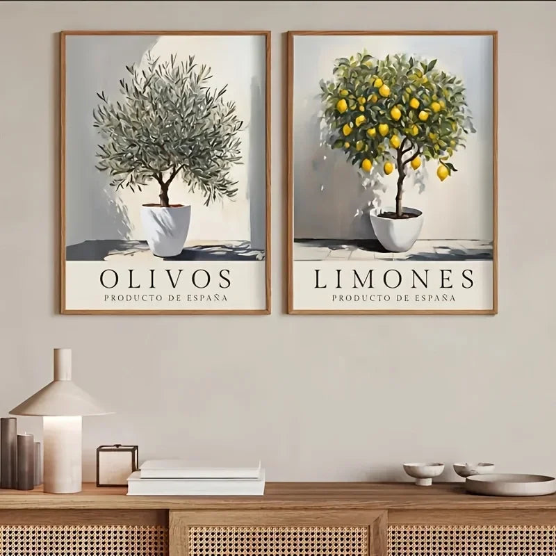Retro Elegant Olive Tree and Lemon Canvas Poster Vase Wall Art Poster Perfect Gift for Living Room Bedroom Dormitory Home Decor