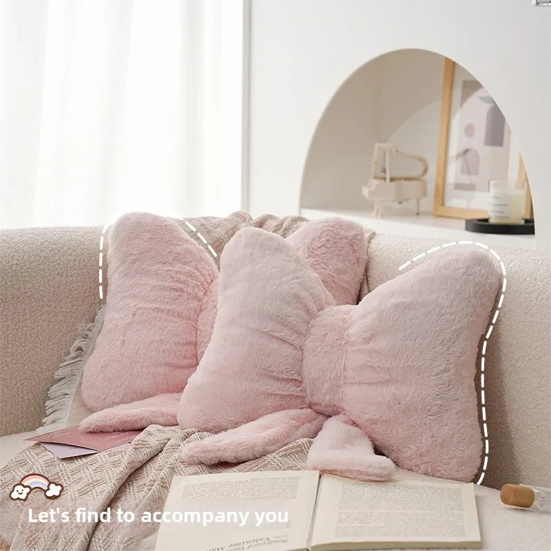 Pink bow ribbon couch pillow imitation rabbit fur comfortable car seat cushion ins style simple all-match back cushion