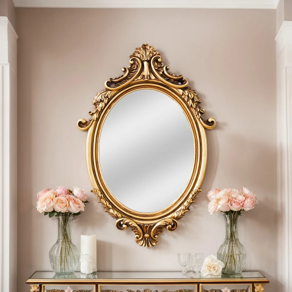 1PC, 14.4* 9.09-inch golden classical pattern decorated oval decorative mirror