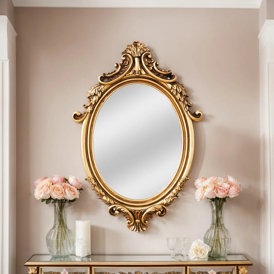 1PC, 14.4* 9.09-inch golden classical pattern decorated oval decorative mirror
