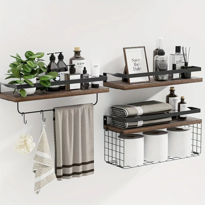 Floating Shelves with Wire Storage Basket Bathroom Shelves Over Toilet with Protective Metal Guardrail Wood Wall Shelves