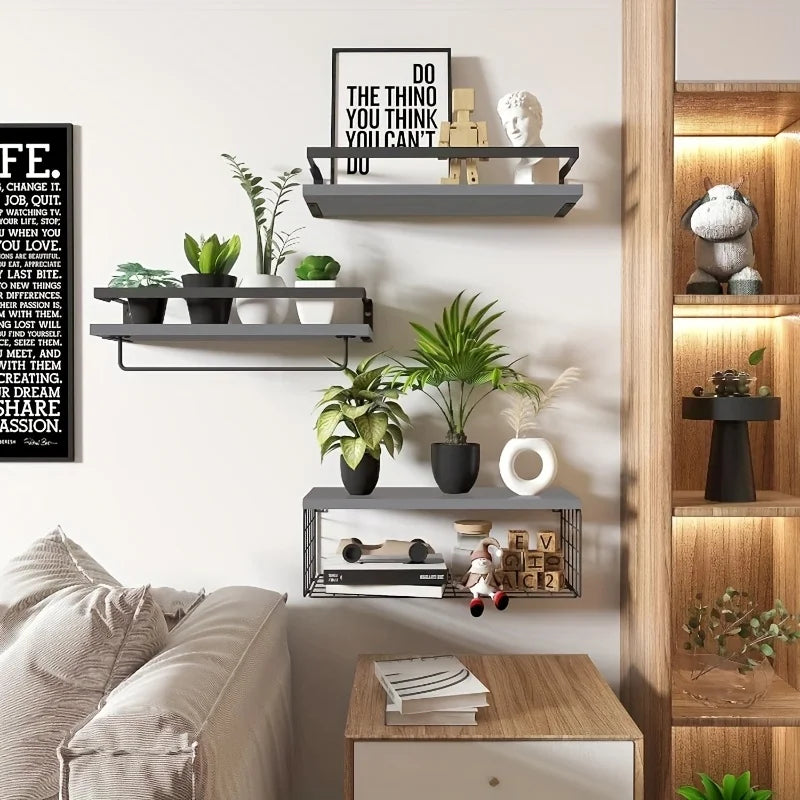 Floating Shelves with Wire Storage Basket Bathroom Shelves Over Toilet with Protective Metal Guardrail Wood Wall Shelves