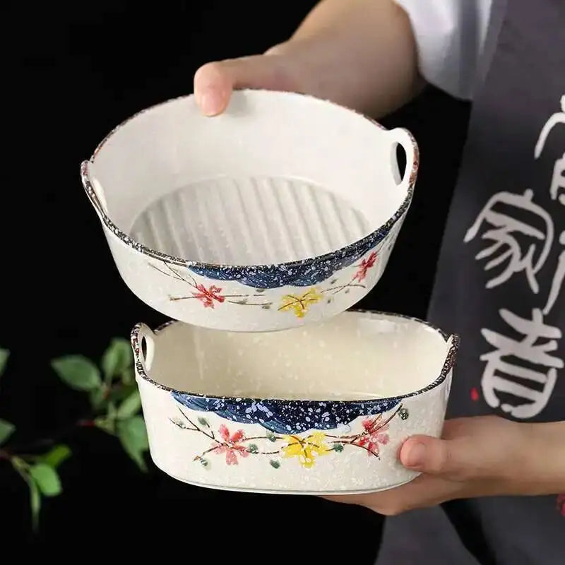 Ceramic Double Ear Salad Fruit  Bowl Household Utensils Baked Rice Bowl Instant Noodle Bowl