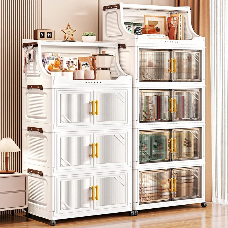 Large Foldable Flip-Top Transparent Storage Cabinet with Wheels - Space-Saving Mobile Organizer for Kitchen Bedroom Living Room