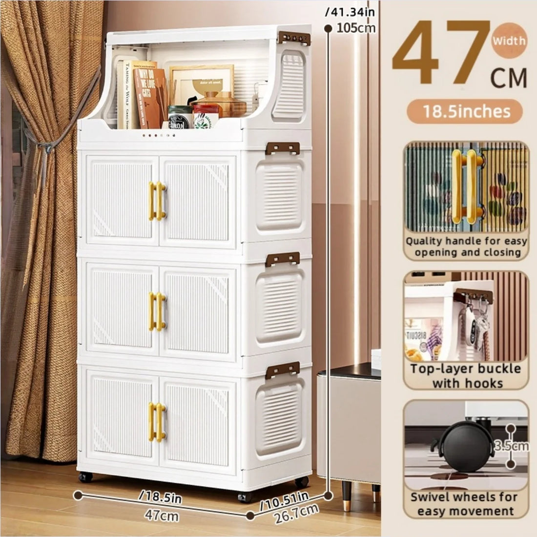 Large Foldable Flip-Top Transparent Storage Cabinet with Wheels - Space-Saving Mobile Organizer for Kitchen Bedroom Living Room