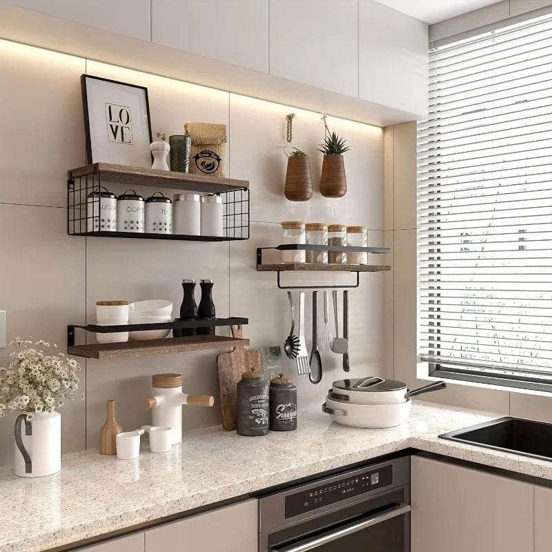 Floating Shelves with Wire Storage Basket Bathroom Shelves Over Toilet with Protective Metal Guardrail Wood Wall Shelves