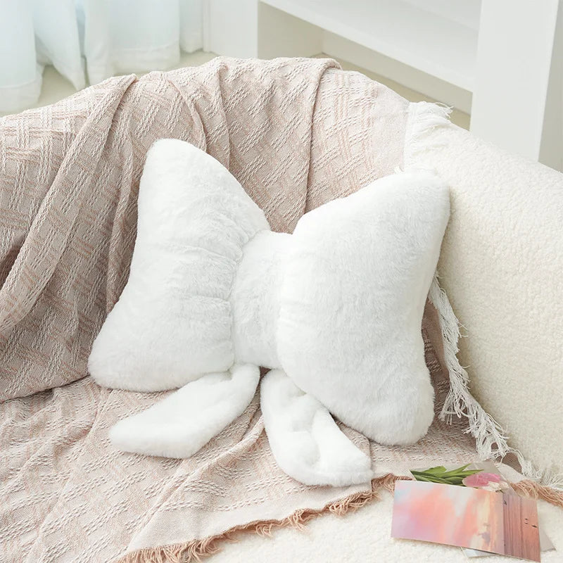 Pink bow ribbon couch pillow imitation rabbit fur comfortable car seat cushion ins style simple all-match back cushion