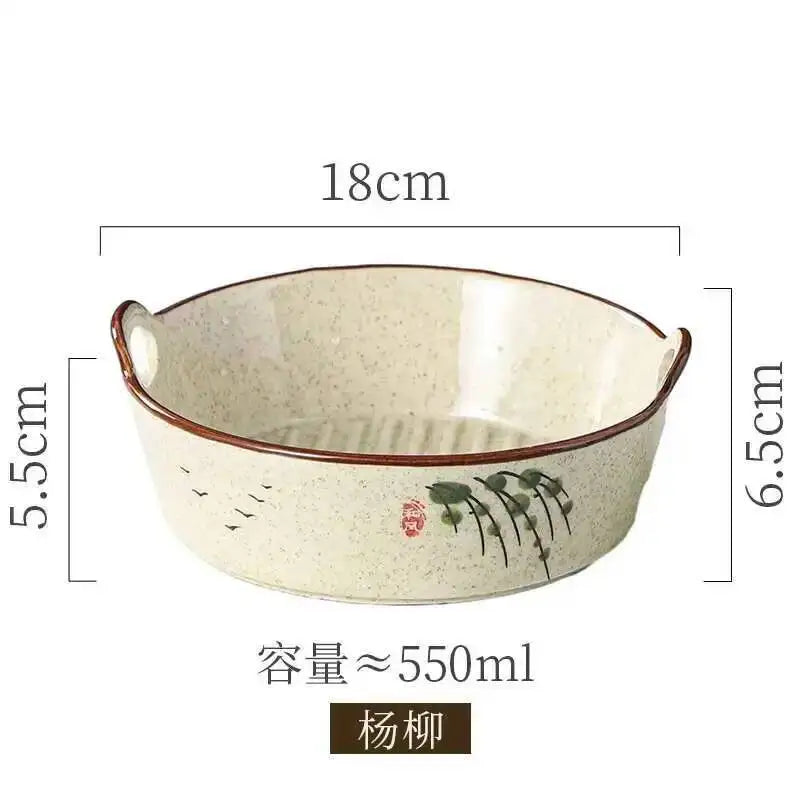 Ceramic Double Ear Salad Fruit  Bowl Household Utensils Baked Rice Bowl Instant Noodle Bowl