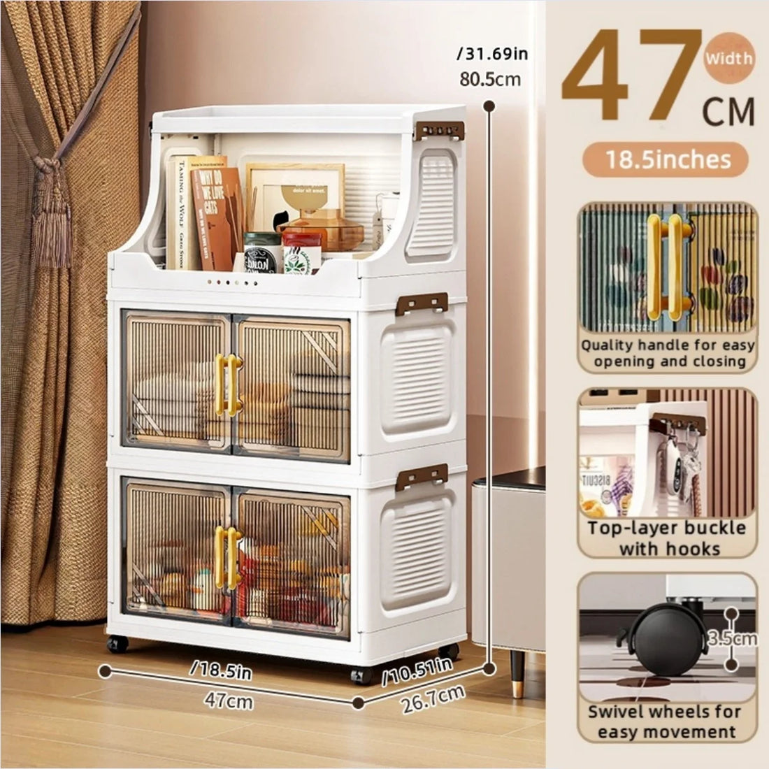 Large Foldable Flip-Top Transparent Storage Cabinet with Wheels - Space-Saving Mobile Organizer for Kitchen Bedroom Living Room
