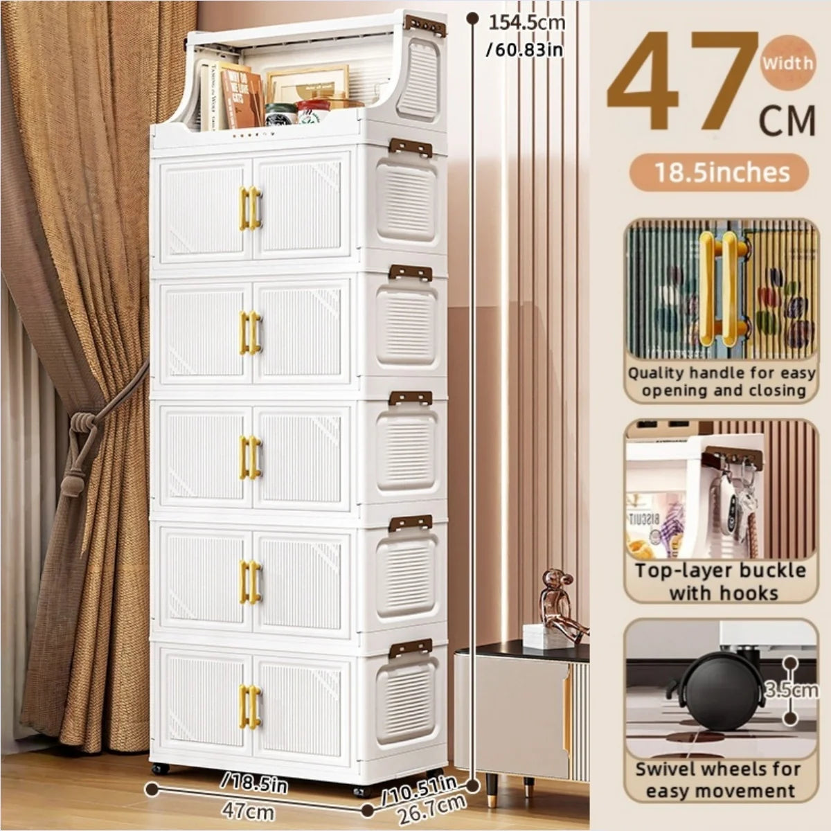 Large Foldable Flip-Top Transparent Storage Cabinet with Wheels - Space-Saving Mobile Organizer for Kitchen Bedroom Living Room