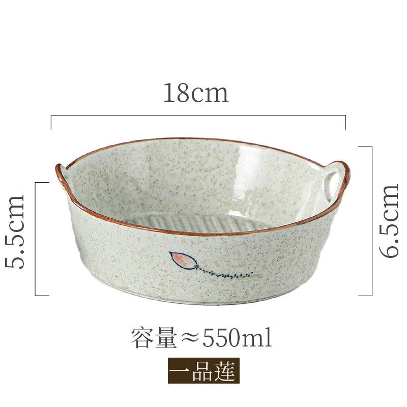 Ceramic Double Ear Salad Fruit  Bowl Household Utensils Baked Rice Bowl Instant Noodle Bowl