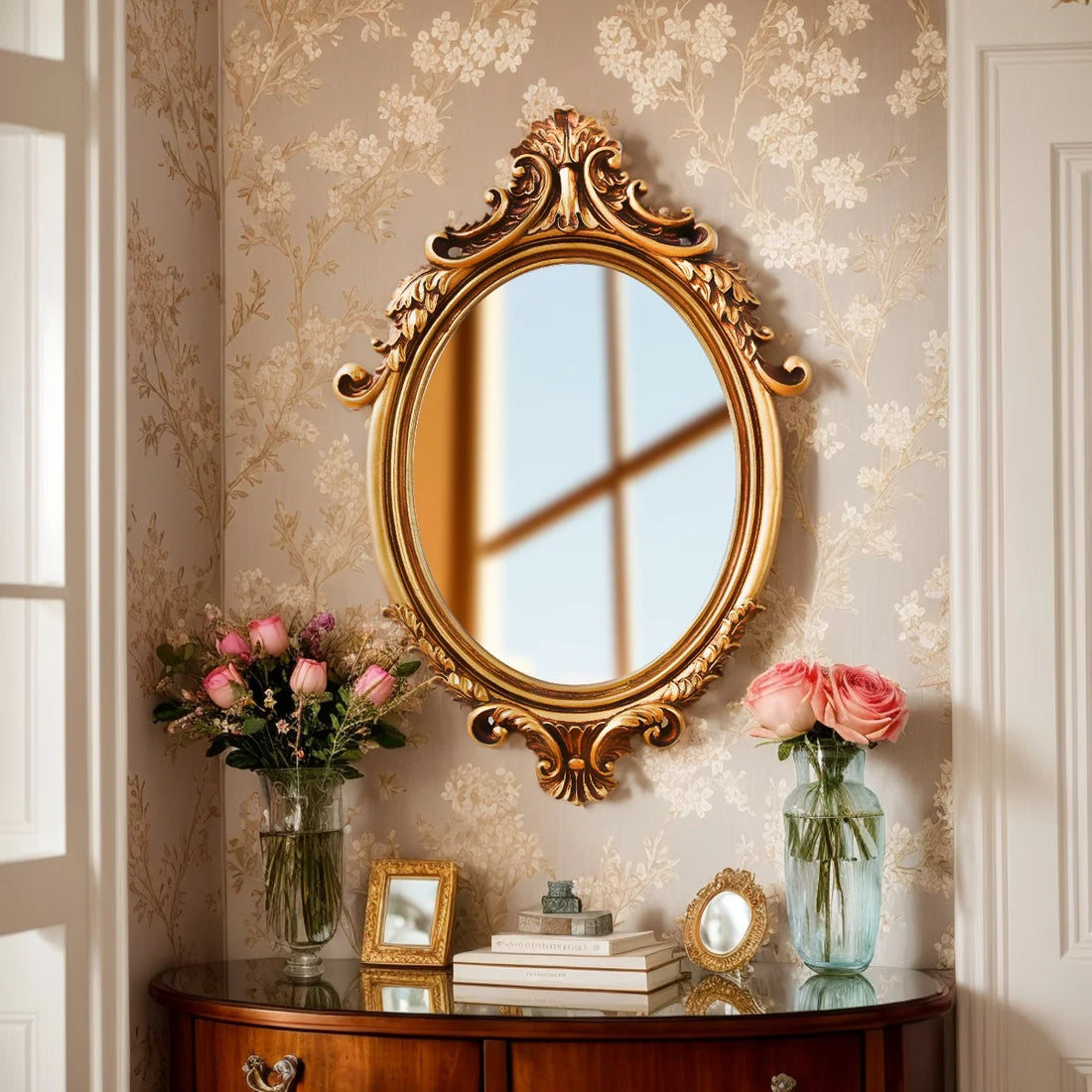 1PC, 14.4* 9.09-inch golden classical pattern decorated oval decorative mirror