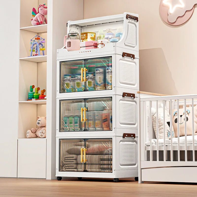 Large Foldable Flip-Top Transparent Storage Cabinet with Wheels - Space-Saving Mobile Organizer for Kitchen Bedroom Living Room