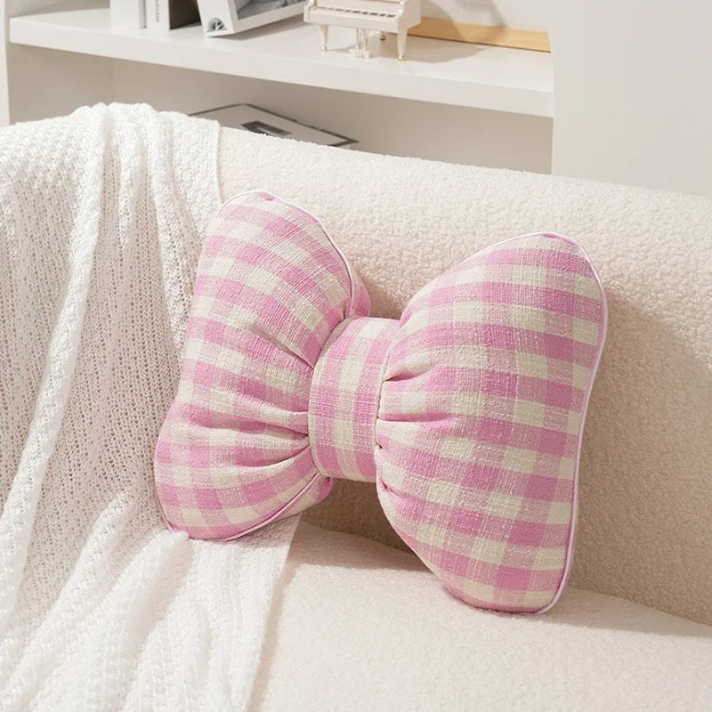 Pink bow ribbon couch pillow imitation rabbit fur comfortable car seat cushion ins style simple all-match back cushion