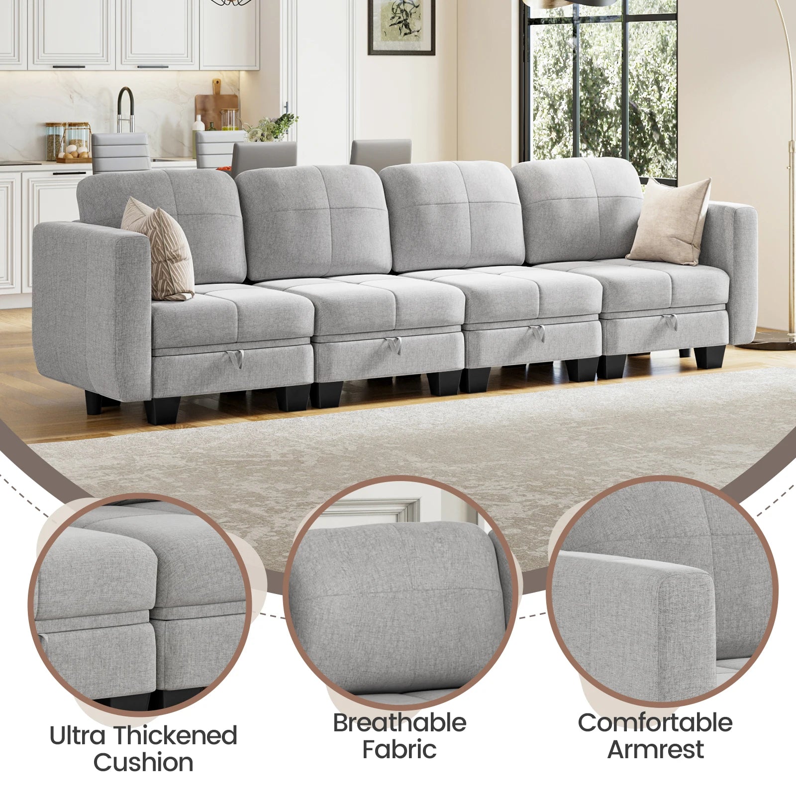 4 Seater Sofa with Storage, Convertible 2 Seater 3 Seater L-Shaped Sofa Couch with Ottoman for Living Room, Shape Customizable