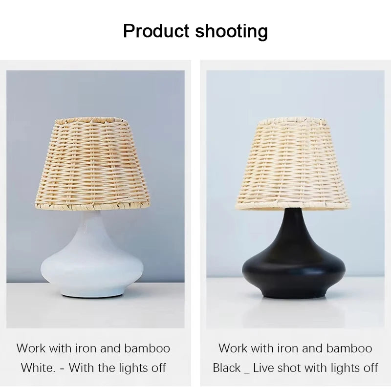 Led Table Lamp Hand-woven Bamboo Lampshade Bedside Lamp Boho Nightstand Usb Plug Desk Light For Bedroom Living Room Coffee House