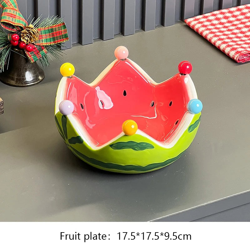 Fruit Bowls Watermelon Fruit Bowl with 6 Stainless Steel Forks Ceramic Serving Dish for Fruits Snacks Salad  Cute Ornaments
