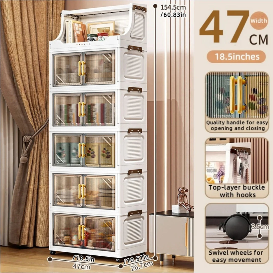 Large Foldable Flip-Top Transparent Storage Cabinet with Wheels - Space-Saving Mobile Organizer for Kitchen Bedroom Living Room