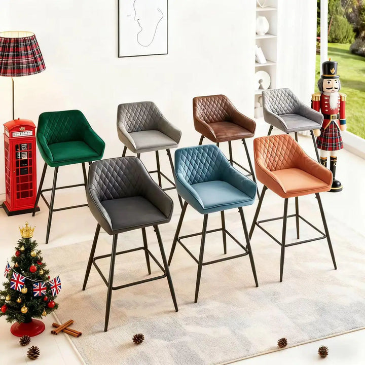 AINPECCA Bar stools Set of 2 Velvet/FauxSuede/Faux Leather Upholstered Seat with Backrest & Armrest Metal Legs Counter Breakfast