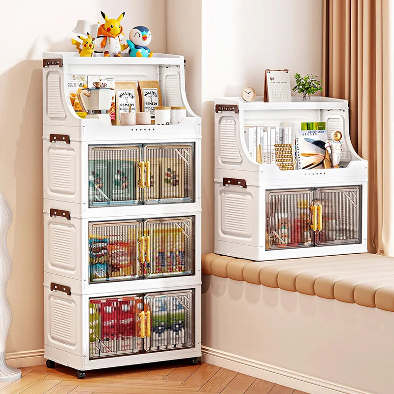 Large Foldable Flip-Top Transparent Storage Cabinet with Wheels - Space-Saving Mobile Organizer for Kitchen Bedroom Living Room