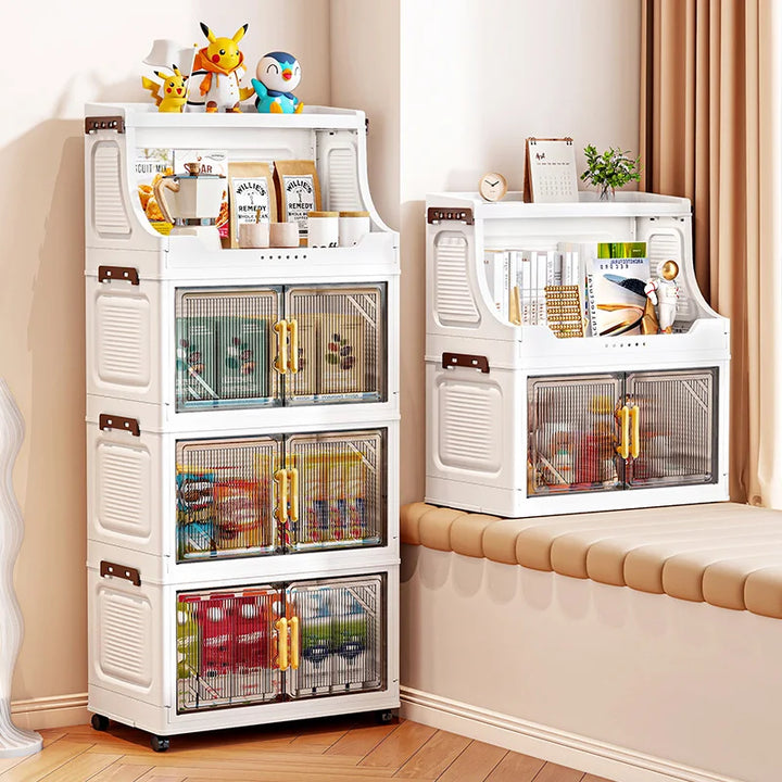 Large Foldable Flip-Top Transparent Storage Cabinet with Wheels - Space-Saving Mobile Organizer for Kitchen Bedroom Living Room