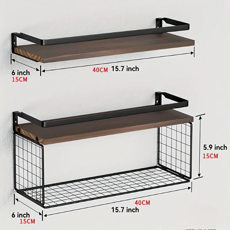 Floating Shelves with Wire Storage Basket Bathroom Shelves Over Toilet with Protective Metal Guardrail Wood Wall Shelves