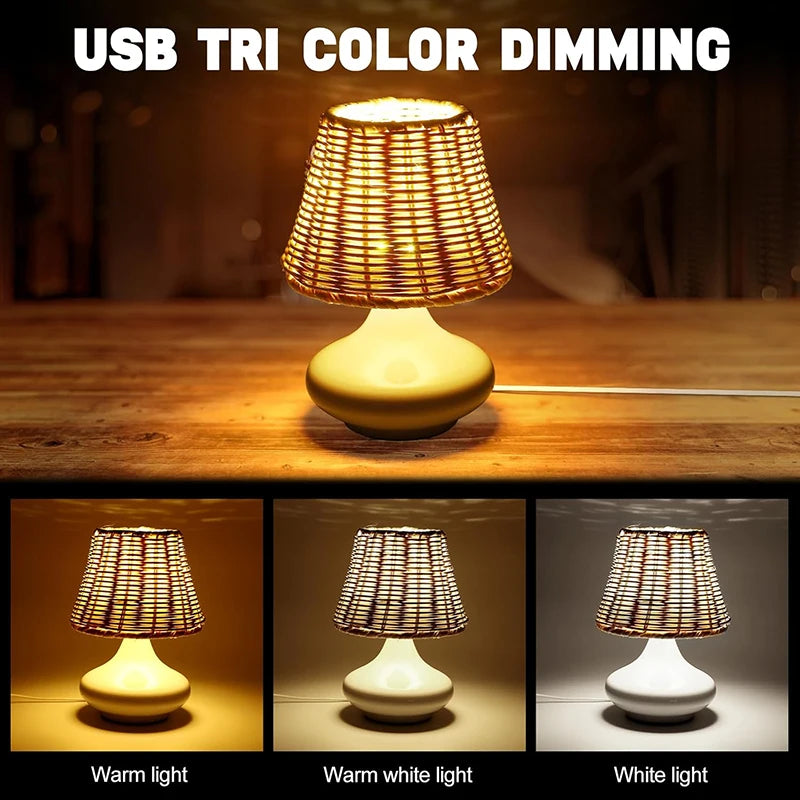 Led Table Lamp Hand-woven Bamboo Lampshade Bedside Lamp Boho Nightstand Usb Plug Desk Light For Bedroom Living Room Coffee House