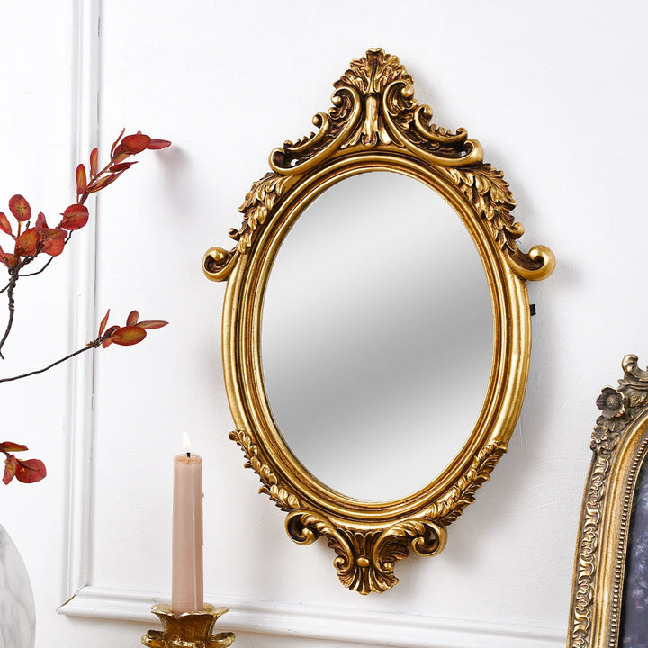 1PC, 14.4* 9.09-inch golden classical pattern decorated oval decorative mirror