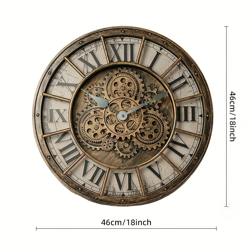 46cm Real Moving Gears Wall Clock Large Industrial Steam Punk Roman Numeral Wall Clock Living Room Home Decoration Quartz Clock