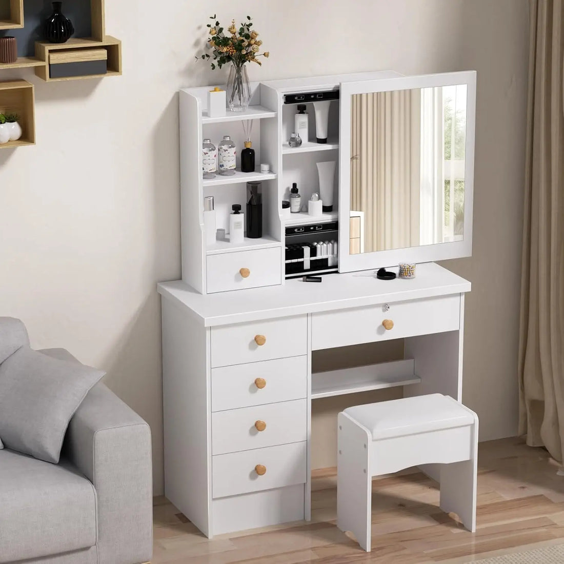 Dressing Table with 6 Drawers, Vanity Desk with Mirror, Storage Shelves and Stool, Makeup Desk for Bedroom
