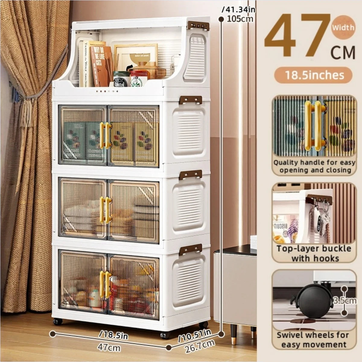 Large Foldable Flip-Top Transparent Storage Cabinet with Wheels - Space-Saving Mobile Organizer for Kitchen Bedroom Living Room