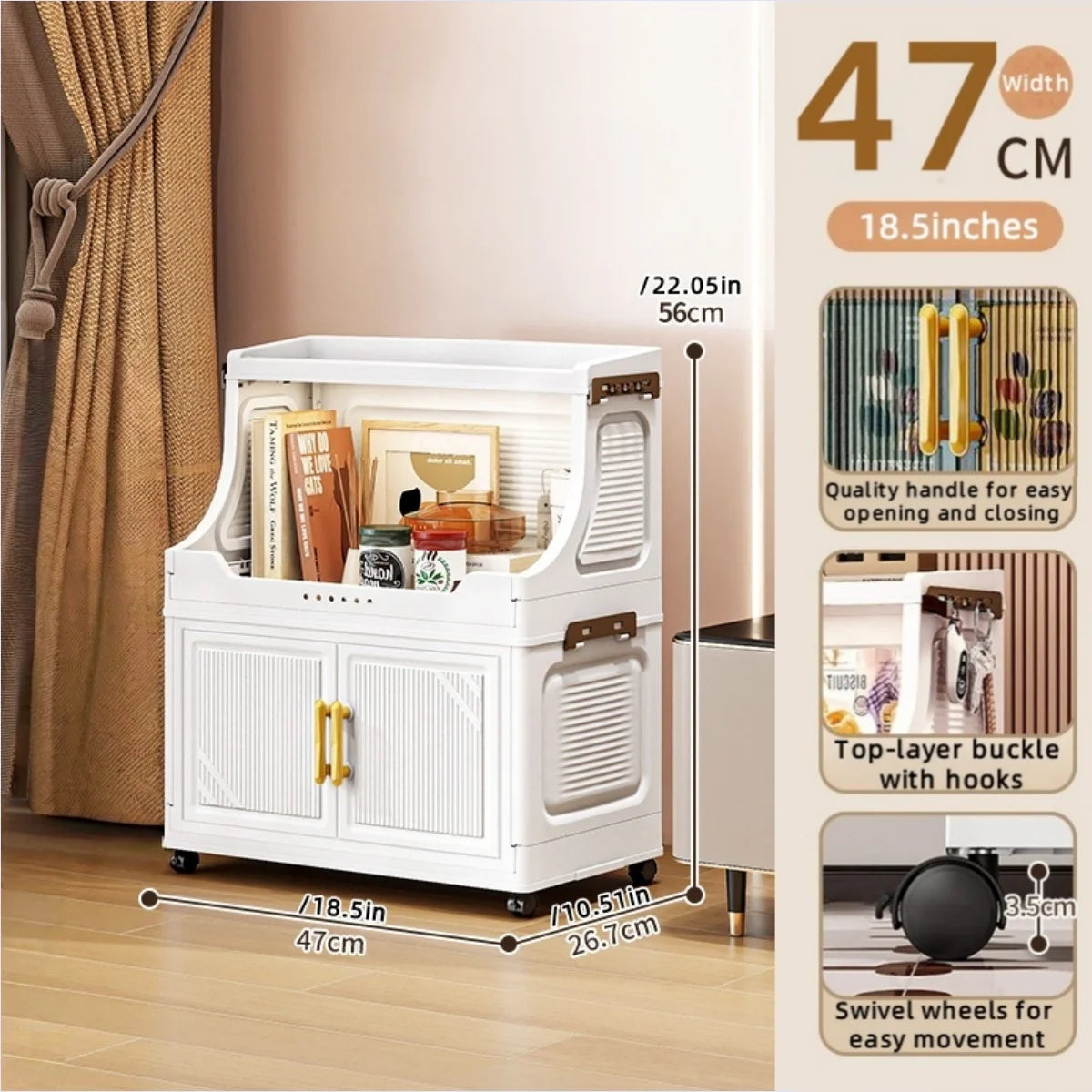 Large Foldable Flip-Top Transparent Storage Cabinet with Wheels - Space-Saving Mobile Organizer for Kitchen Bedroom Living Room