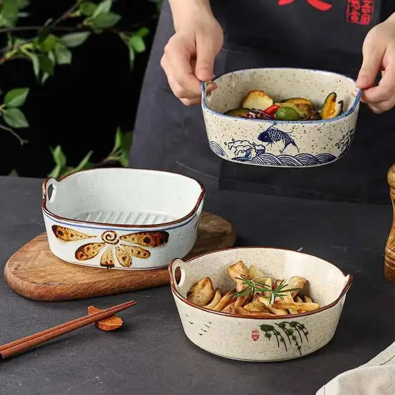 Ceramic Double Ear Salad Fruit  Bowl Household Utensils Baked Rice Bowl Instant Noodle Bowl