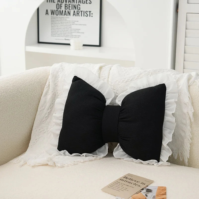 Pink bow ribbon couch pillow imitation rabbit fur comfortable car seat cushion ins style simple all-match back cushion