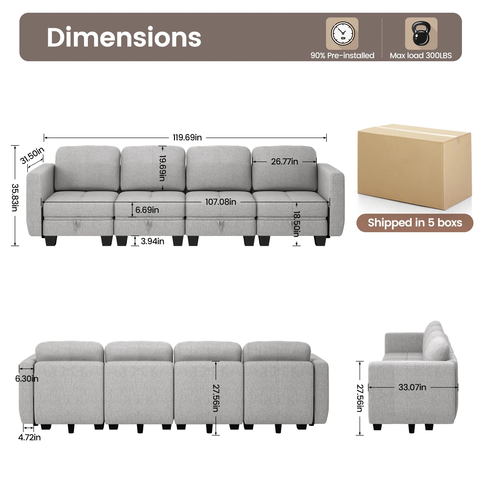 4 Seater Sofa with Storage, Convertible 2 Seater 3 Seater L-Shaped Sofa Couch with Ottoman for Living Room, Shape Customizable