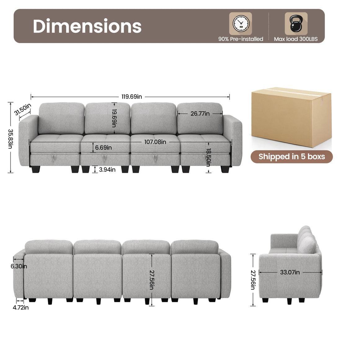 4 Seater Sofa with Storage, Convertible 2 Seater 3 Seater L-Shaped Sofa Couch with Ottoman for Living Room, Shape Customizable