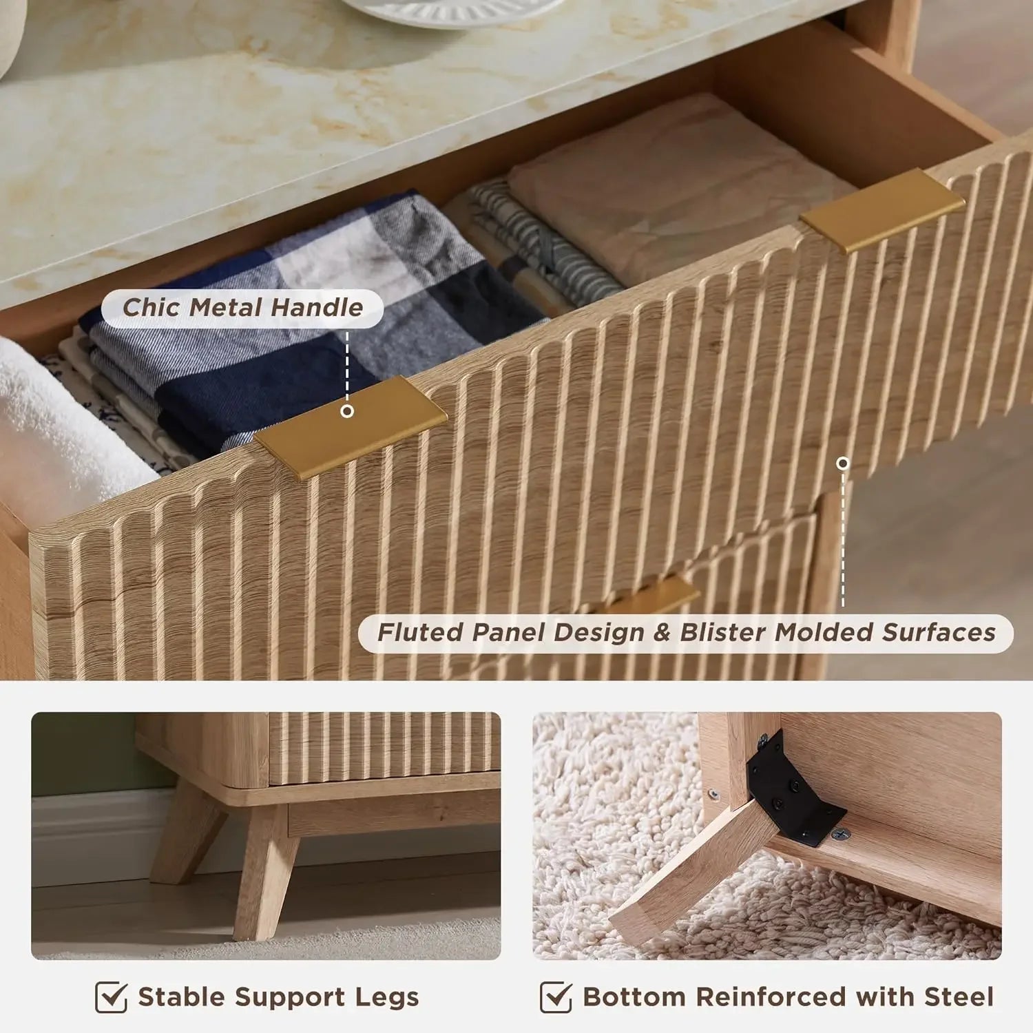 Modern Chest of Drawers with Faux Marble Top, Curved Profile Design, Wood Drawer Organizer for Bedroom, Living Room, Hallway