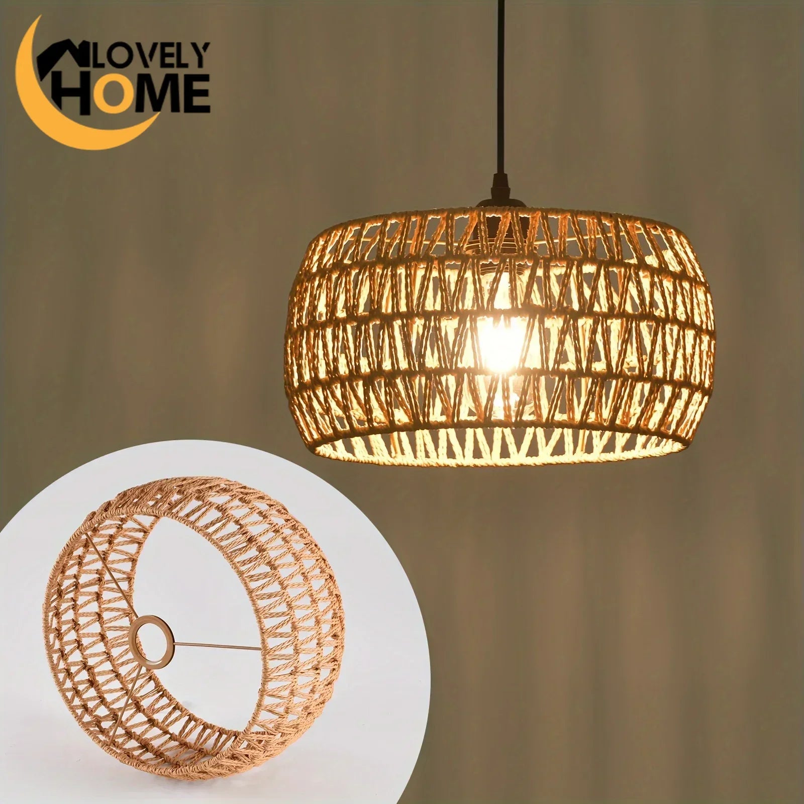 Rustic Braided Rope Lampshade Pendant Lights Handmade Bamboo Rattan Wicker Hanging Lamp for Kitchen Living Room Bedroom Corridor