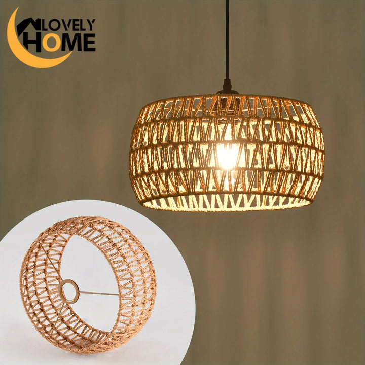 Rustic Braided Rope Lampshade Pendant Lights Handmade Bamboo Rattan Wicker Hanging Lamp for Kitchen Living Room Bedroom Corridor