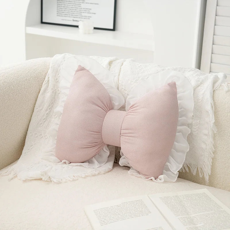Pink bow ribbon couch pillow imitation rabbit fur comfortable car seat cushion ins style simple all-match back cushion