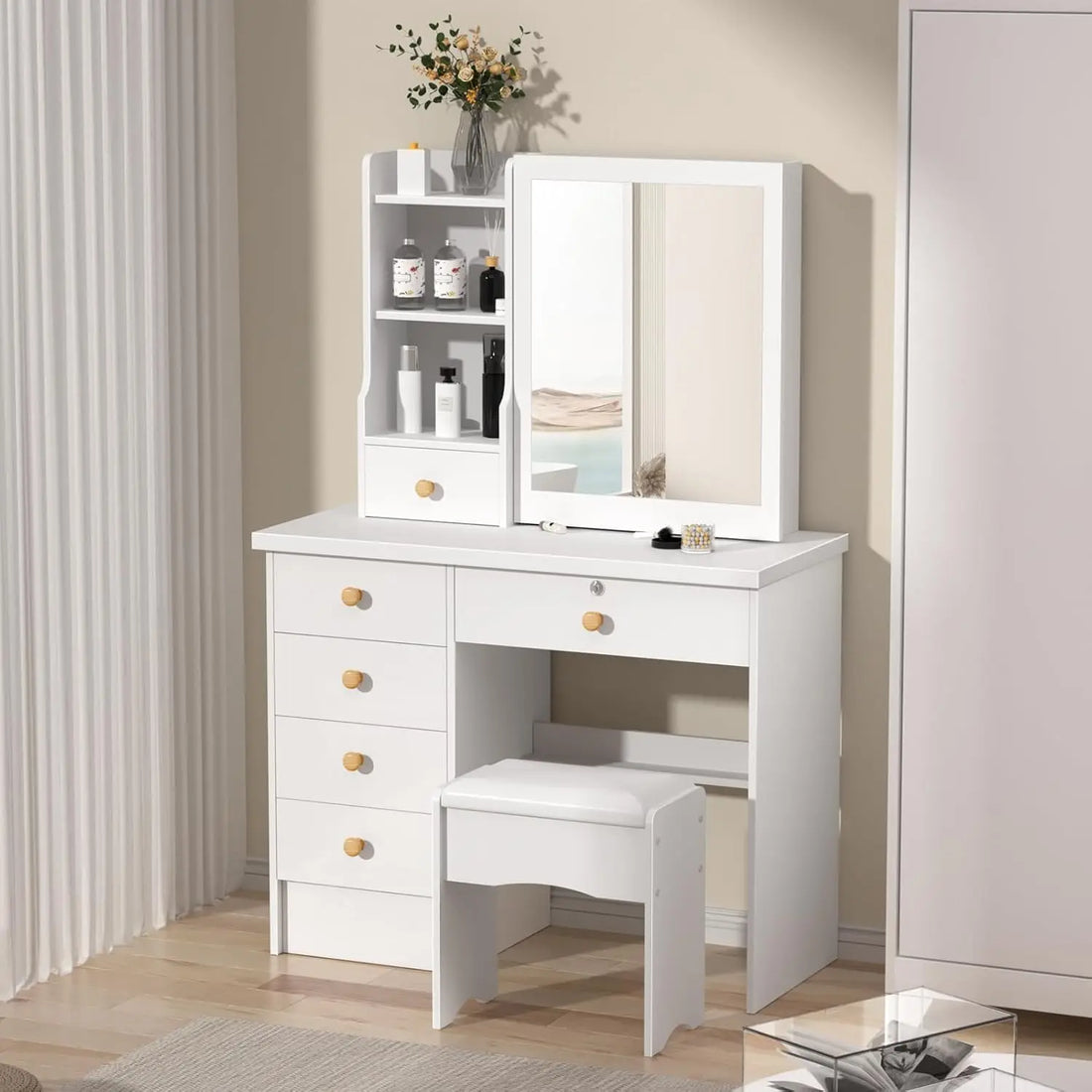 Dressing Table with 6 Drawers, Vanity Desk with Mirror, Storage Shelves and Stool, Makeup Desk for Bedroom