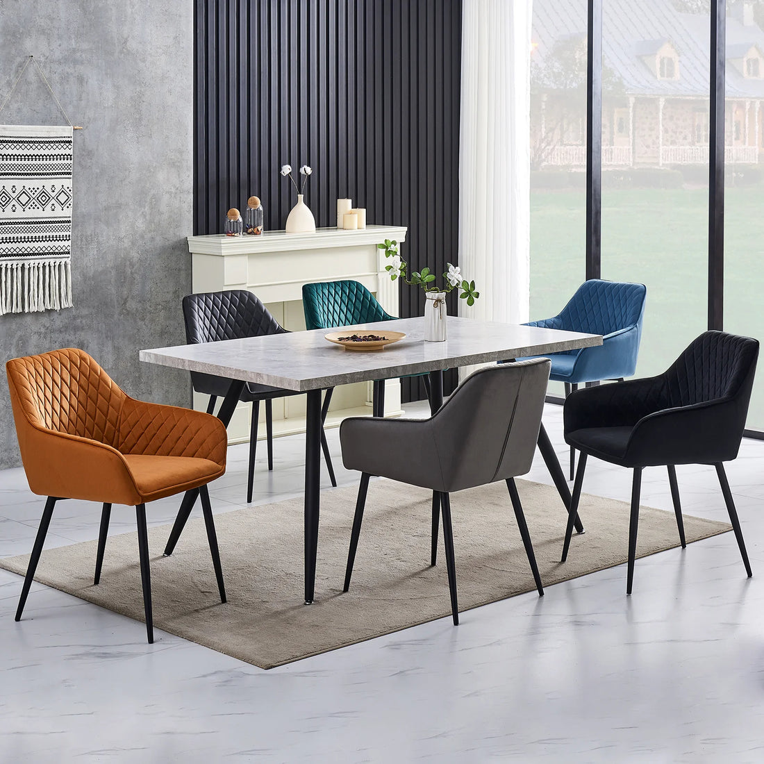 Set of 2 Dining Chairs Velvet/Faux Suede/Faux Leather Armchairs with Armrest Backrest Upholstered Seat Black Metal Legs