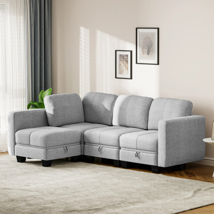 4 Seater Sofa with Storage, Convertible 2 Seater 3 Seater L-Shaped Sofa Couch with Ottoman for Living Room, Shape Customizable