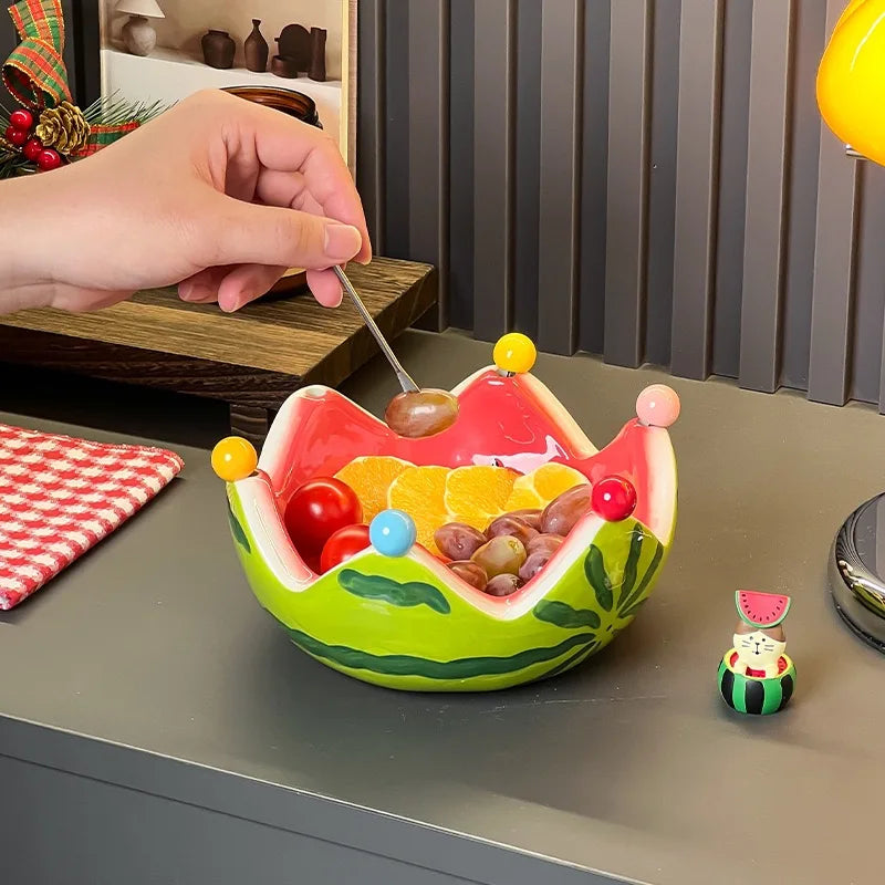 Fruit Bowls Watermelon Fruit Bowl with 6 Stainless Steel Forks Ceramic Serving Dish for Fruits Snacks Salad  Cute Ornaments